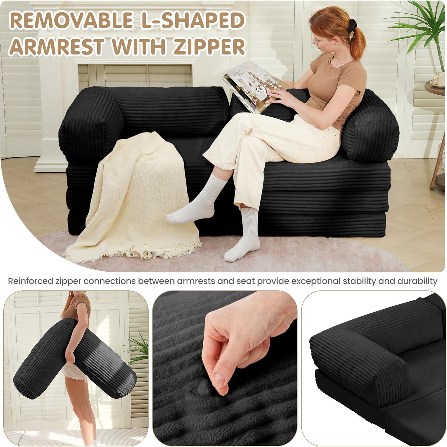 Winzoo 5-in-1 Convertible Sofa Bed,Boneless Couch Tri Folding Floor Mattress with Removable L-Shaped Armrests & Handle,Corduroy Futon Couch Sleeper with Pull Out Bed for Living Room Bedroom Apartment