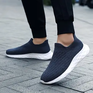 Lightweight Soft Sole Men's Running Shoes Slip-On Lazy Shoes Elastic Flyknit Sock Shoes Men's Casual Sports Shoes