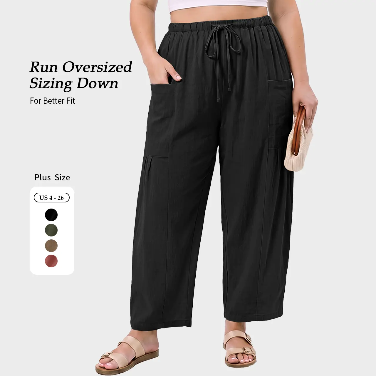 TARSE Plus Size Womens Linen Blend Wide Leg Pants Casual Loose Fit Drawstring Summer Beach Travel Vacation Palazzo Harem Pants with Pockets S-3XL