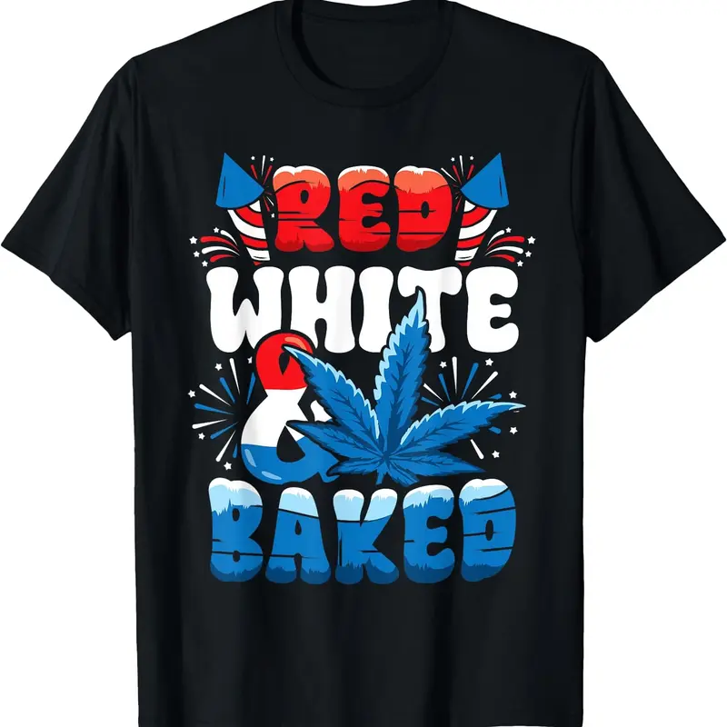[100% Cotton] Men's 4th Of July Red White Graphic Short-Sleeve T-Shirt - Streetwear, Casual, Simple Round Neck, Spring & Summer Wear, Holiday Gift Idea