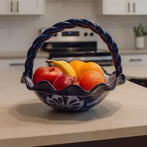 Handcrafted Talavera fruit bowl | Cobalt blue & white