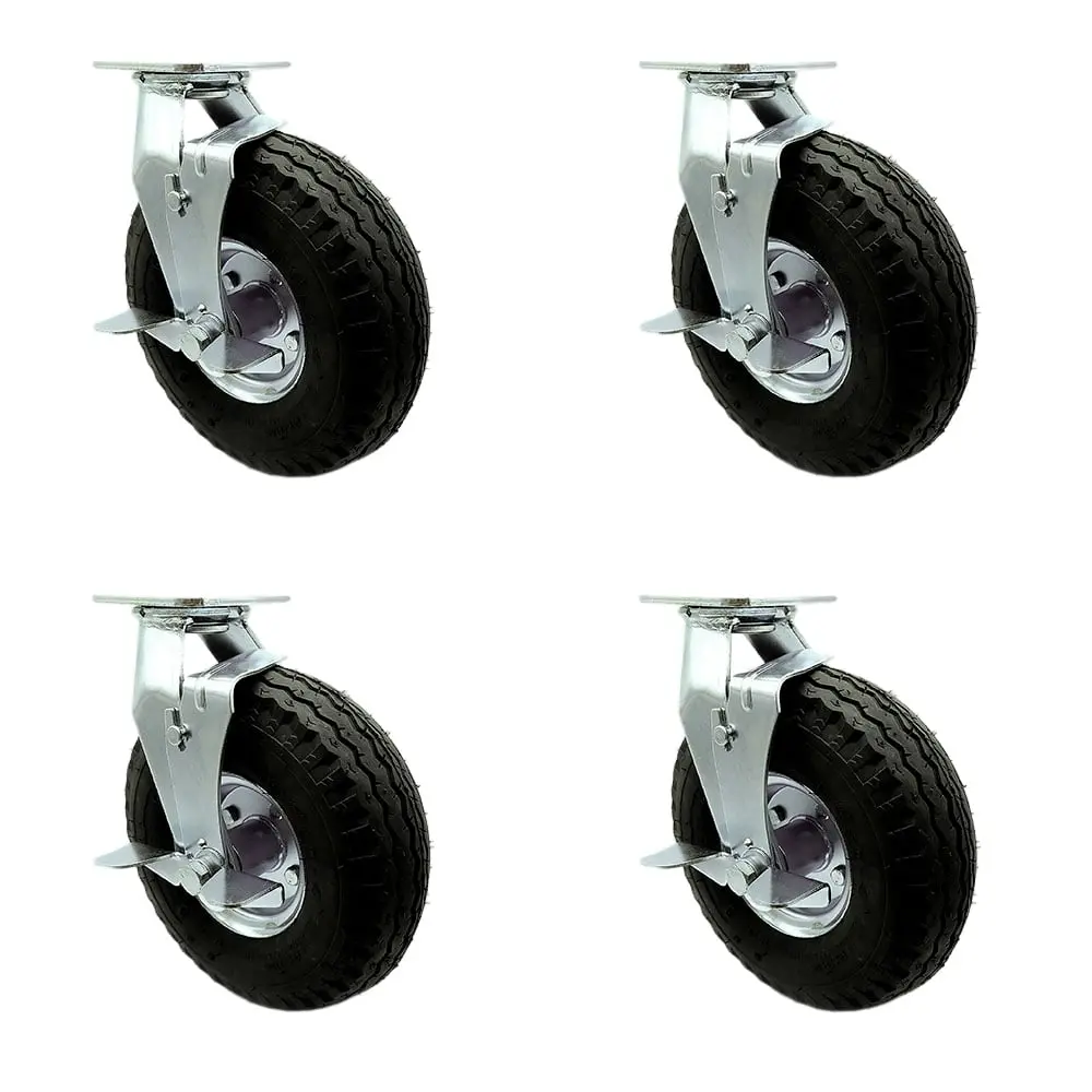 212 MAIN SCC-100S3504-PNB-TLB-BSL-2-TLB-2 Heavy Duty Lockable Swivel Pneumatic Rubber Wheel Casters, 10 in. with Top Brake, Black - Set of 4, Lockable Wheels, Swivel Wheels