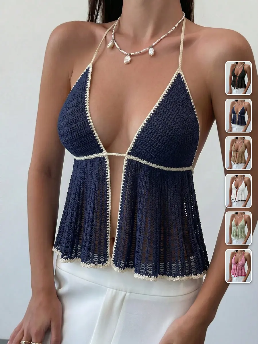 Crochet Halter Crop Top Knit Tie Back Summer Beach Vacation Y2K Outfit