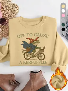 "OFF TO CAUSE A KERFUFFLE" frog wizard letter pattern print, casual retro washed cotton long-sleeved pullover, round neck crewneck casual sports women's pullover sweatshirt, autumn and winter plus velvet women's clothing
