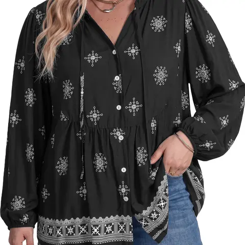 Eytino Womens Floral Print Tied V Neck Button Front Long Sleeve 2026 Fall Babydoll Blouse Casual Shirt (1X-5X)
