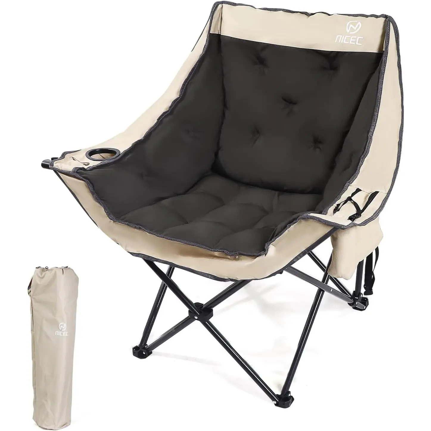 Camping Chair Oversized XL with Padded Black & Beige Interiors, Cooler Bag & Cup Holder, Thick Padded Design, 400Lbs Heavy Duty