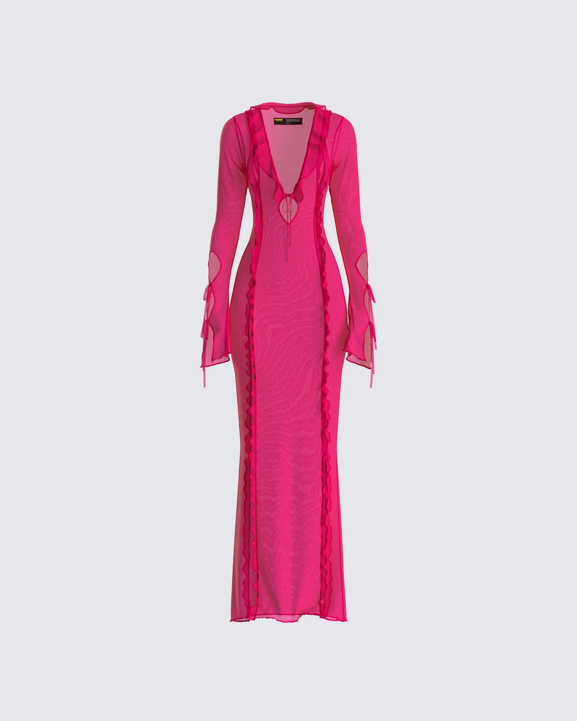 Women's Florence Magenta Spandex Bodycon Formal Maxi Dress - Sheer Mesh, Deep V-Neck, Contrast Trim, Cutout Design, Ideal for Dress Up Occasions, Long Sleeve, Flared, Night Out, Nylon, Curve‑Hug Bodycon