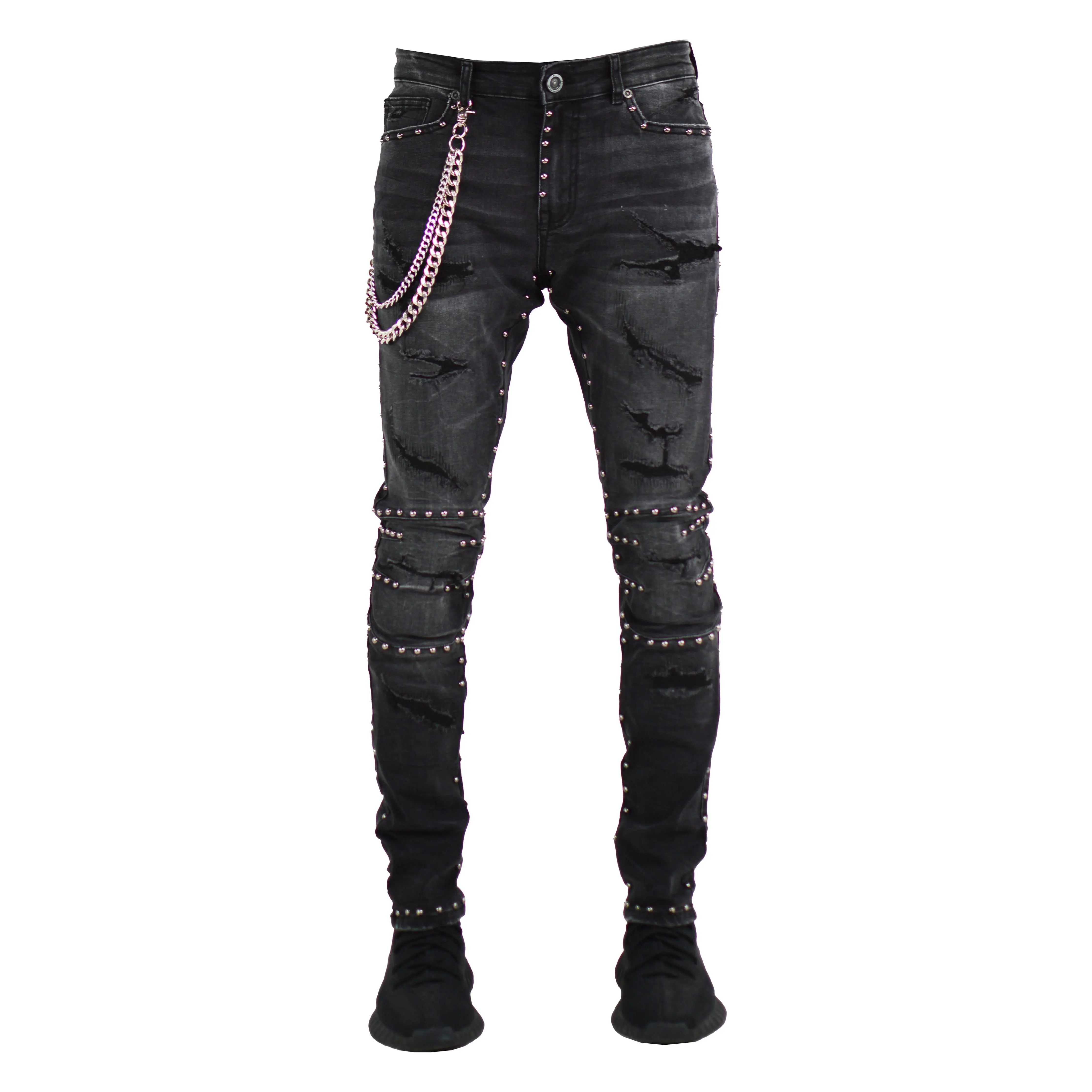 Men's Slim Cut Studded Jeans - Black Wash Menswear Denim with a Tapered Fit and Removable Wallet Chain, Studded Detailing, Cotton Blend, 98 Cotton 2 Spandex Men's Jeans, Casual, Blend Men's Jeans, Tapered Cut