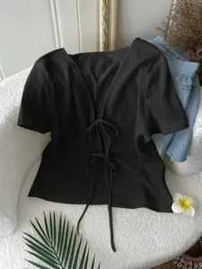 Textured Dual Tie Short Sleeve Cardigan, Summer French Style V-Neck Short Sun Protection Outerwear Top, Fashionable Chic Lightweight Jacket, Blouses