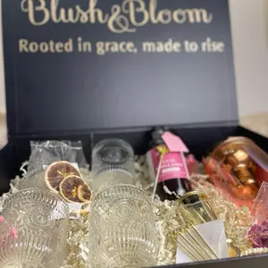 Blush & Bloom Cocktail Gift Box - Blush-Toned Barware Vintage Glassware Gold Accents Luxe Coasters for Stylish Sipping
