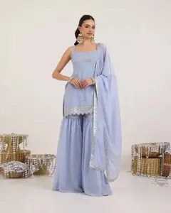 Powder Blue Chiffon Gharara Set with Zari & Sequin Embroidery