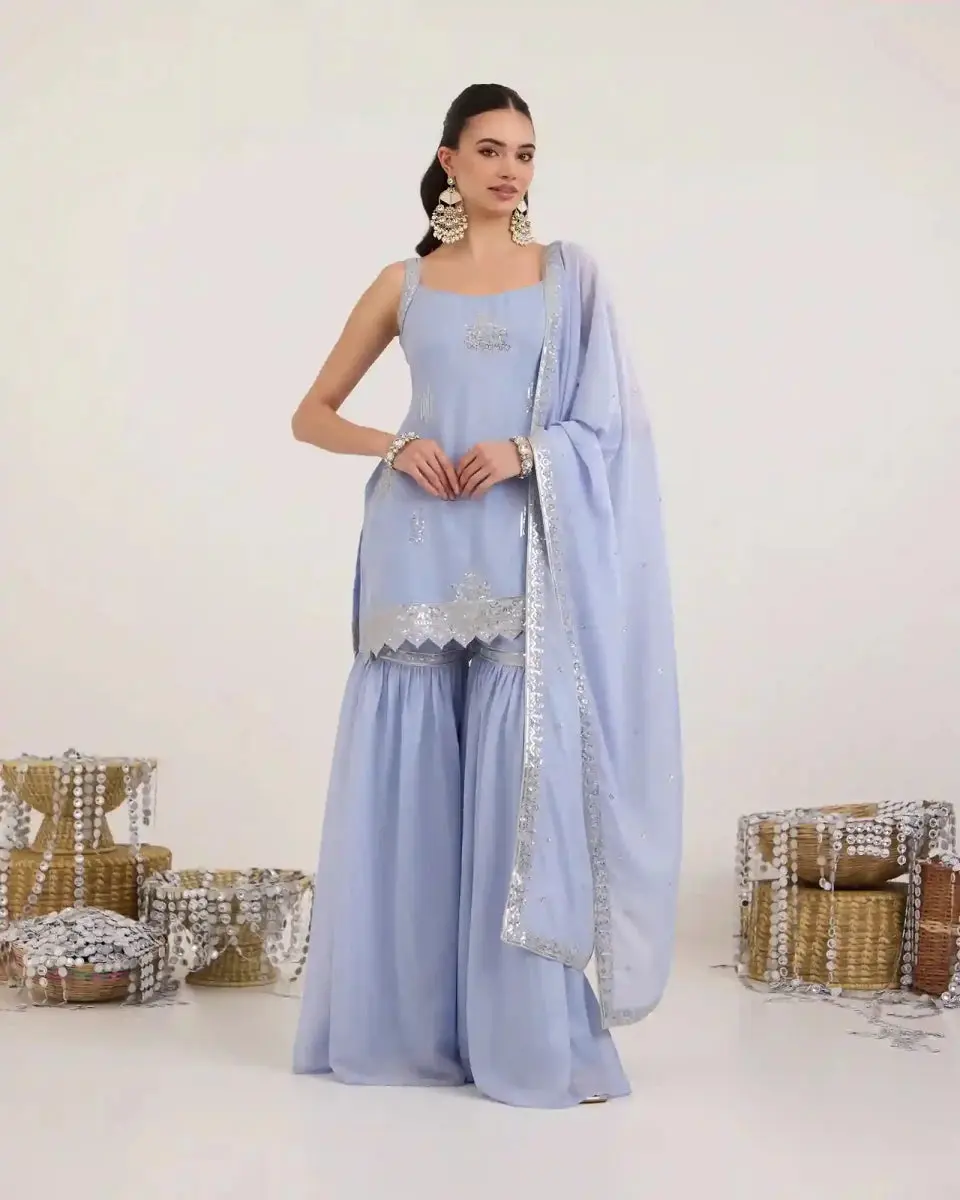 Women's Powder Blue Chiffon Flared Gharara Suit Dress, Sleeveless Silver-Style Special Occasion Costume, Elegant, Embroidered, Clothes, Traditional