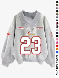 Vintage Racing Style Sweatshirt Graphic Print V-Neck Pullover Trendy Sporty "23" Letter Print Baggy Top Fall Fashion，Women's Oversized V-Neck Sweatshirt Y2K Graphic Pullover Number 23 Racing Print Long Sleeve Casual Top Streetwear