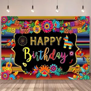 Mexican Fiesta Themed Happy Birthday Backdrop Banner - Vibrant Colorful Flags and Floral Design, Photography Background for Cake Table Decoration, Fiesta Birthday Party Supplies