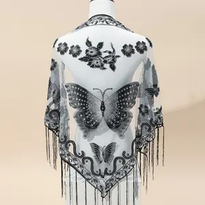 29.5"×55.1" Triangle Scarf Butterfly Flower Embroidery Lace Tassel Shawl Elegant Breathable Windproof Wrap Outdoor Accessories