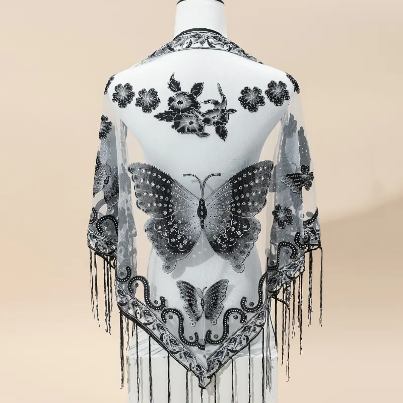 Elegant Floral Embroidered Scarf, Women's Sheer Triangle Lace Shawl with Tassel Fringe, Decorative 100% Polyester for Vacation, Going Out