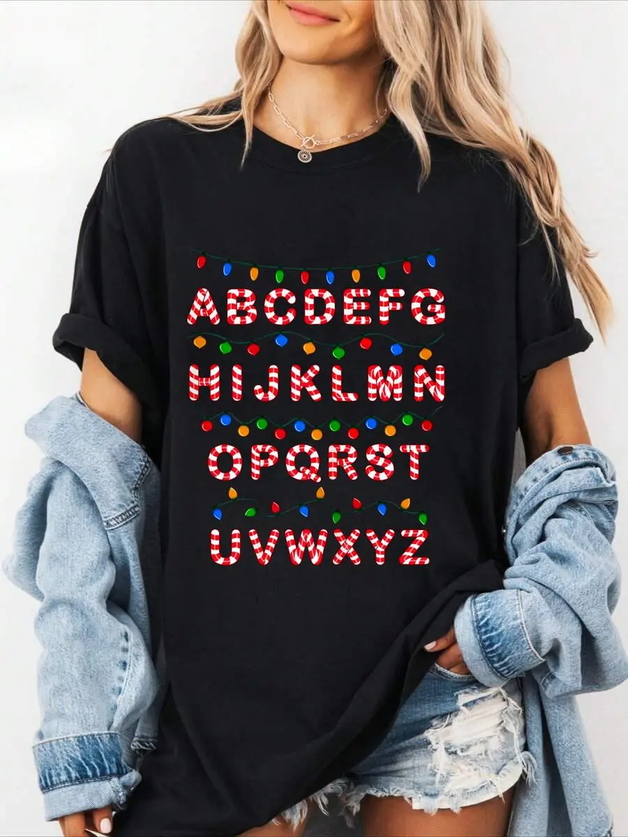 Women's 100% Cotton Round Neck Short Sleeve Loose Style Christmas Alphabet Candy Cane Graphic T-Shirt - Casual Summer Top for Teachers, Students