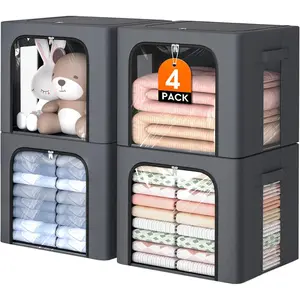 4 Pack Clothes Storage Bins with Metal Frame, 40L Foldable Fabric Storage Boxes with Clear Window, Front & Top Zipper Openings, Stackable Organizer Bins with Handles for Closet & Bedroom (Light Grey)