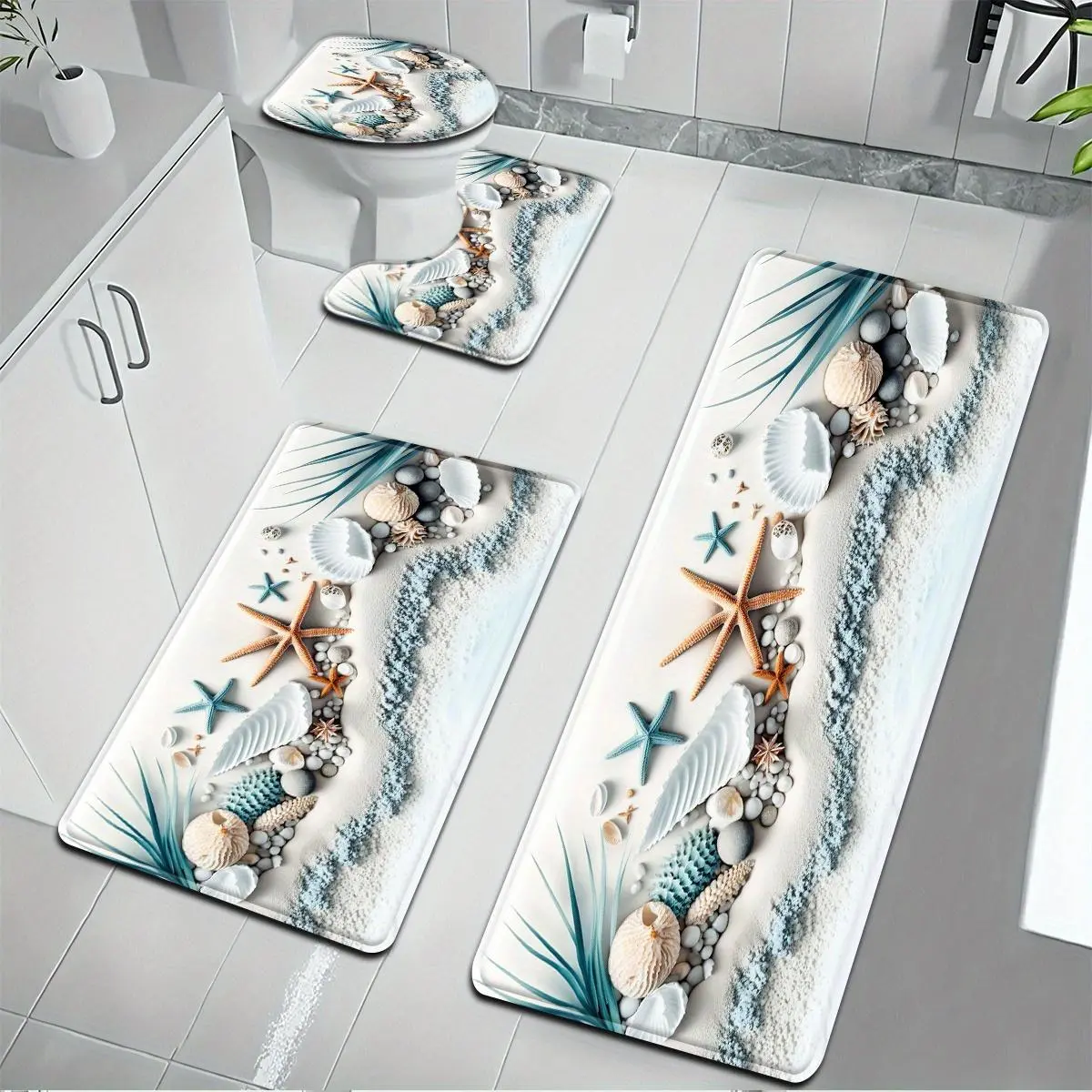 Starfish Beach Series Bathroom Mat Set, 3pcs/4pcs Blue Seashell Pattern Flannel Set with Toilet Lid Cover and U-Shaped Footmat
