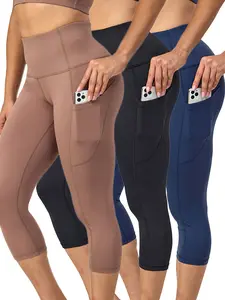 UIUO-UIPEU 3pcs Pack High Waist Tummy Control Yoga Pants Plus Size Capri Leggings for Women With Pockets Butt Lifting Workout Yoga Pants Black Blue Apricot