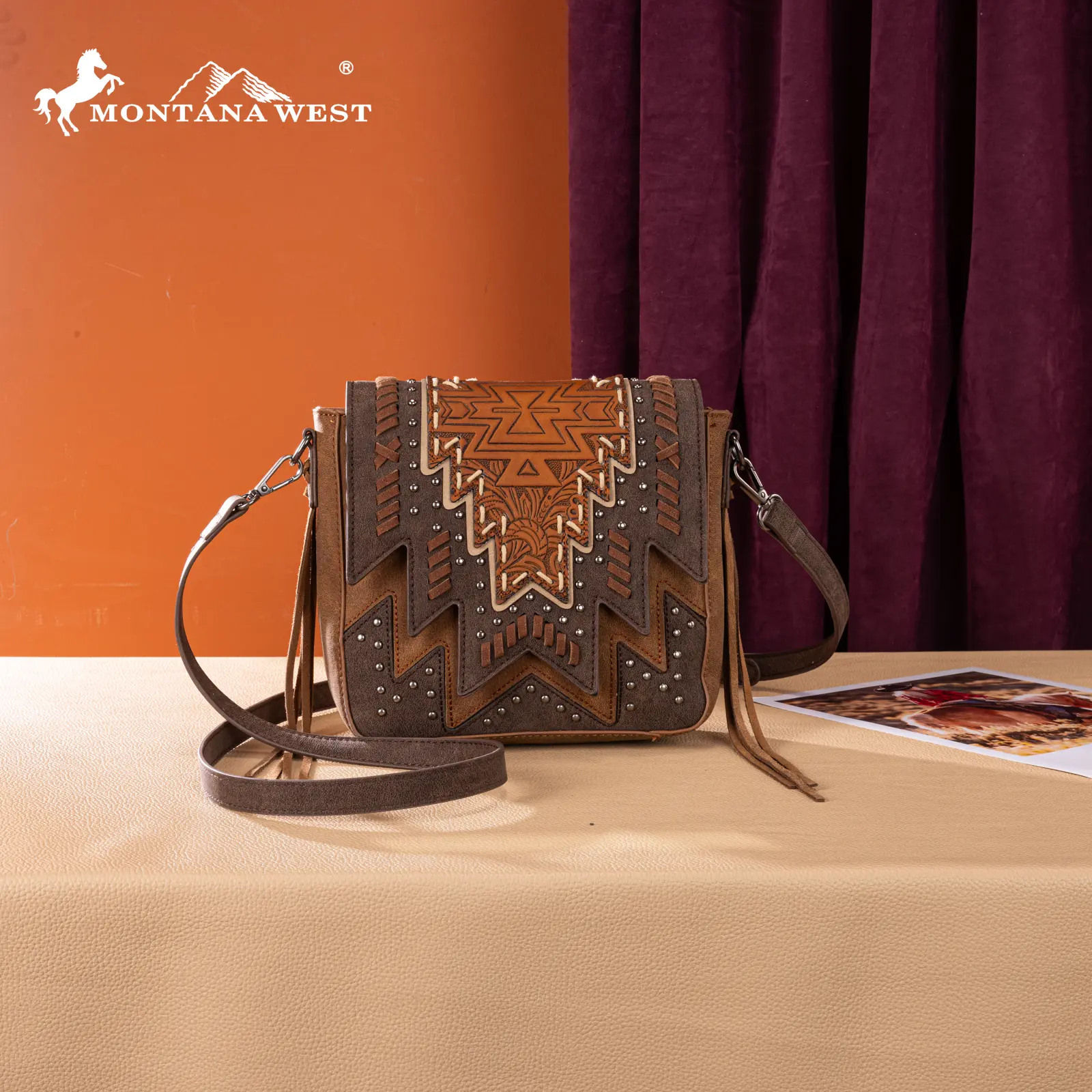 Montana West Western Crossbody Bag for Women with Embossed Design and Studded Accents