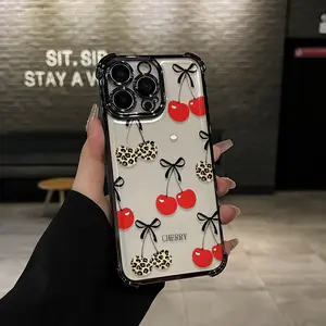 Cherries Pattern Four-corner drop-proof TPU phone case for iPhone17 16 15 14 Pro Max 13 12 11  XS Plus shockproof full camera protection durable slim silicone case mobile phone case