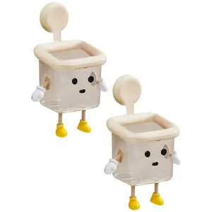 Cute Robot Suction Cup Organizer, Cartoon Design Bathroom Organizer with Bottom Water Outlet, Wall Mounted Minimalist Bathroom Toothbrush Holder for Storage of Sundries and Waste Paper (White-2pcs)