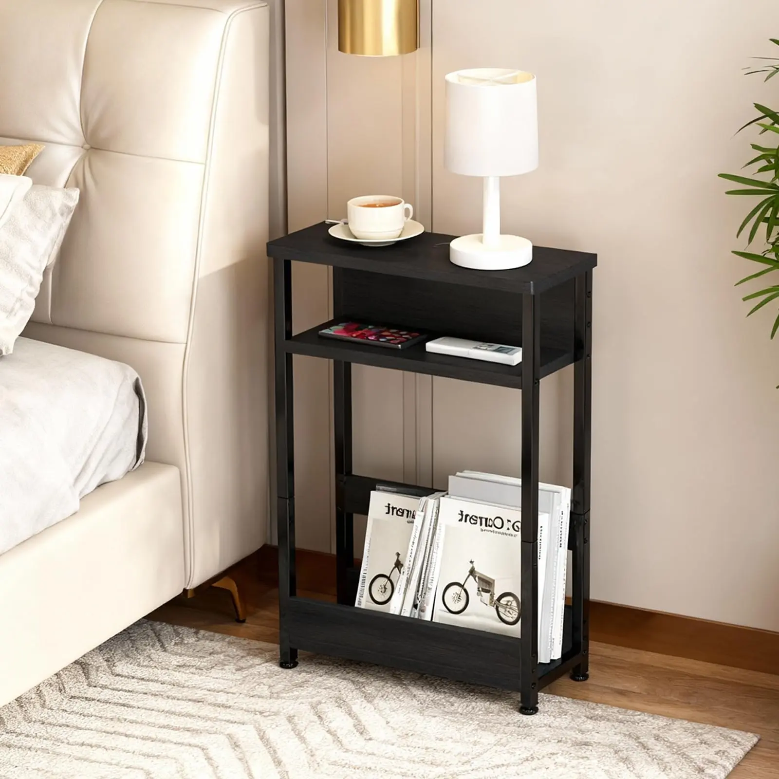 Garvee Narrow Side Table, Small Coffee Table with 3 Shelves, Magazine Holder, Sofa Side Table for Narrow Spaces, Slim Side Table, Small Nightstand for Living Room, Bedroom, Black