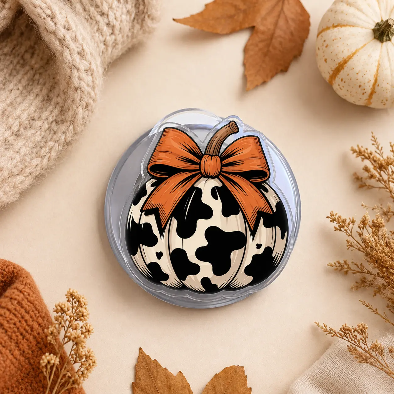 Cow Print Pumpkin MagSafe Phone Grip – Orange Bow Fall Acrylic Magnetic Phone Holder & Kickstand, Cute Western Autumn Phone Accessory, Fall Gift for Her