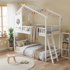 Sweetcrispy Pine Wood Twin Over Twin House Look Bunk Bed - Loft Frame with Ladder, Safety Rail, Wooden Slats, Window, Decorative Roof for Teens