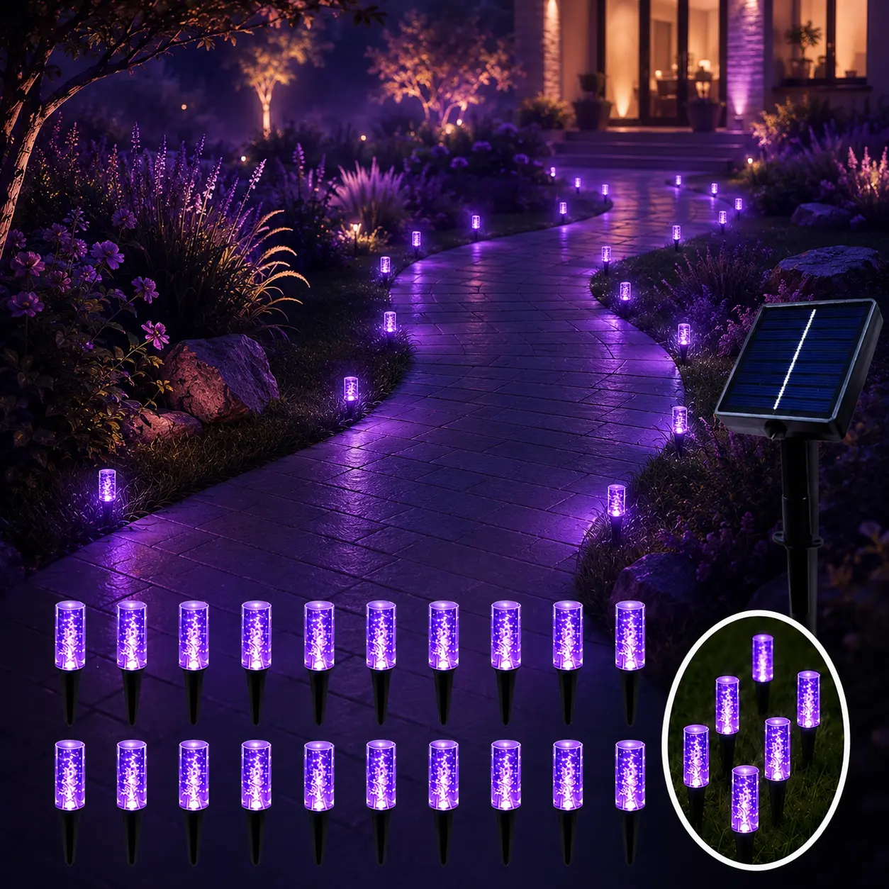 20-Light Purple Solar Path Light, Bubble-Style Ground Spike Light with 8 Lighting Modes, Solar-Powered, IPX4 Water-Resistant, Ideal for Halloween Decorations in Yards, Pathways, Lawns, Gardens, and Other Outdoor Spaces
