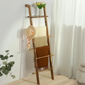 67-Inch Wooden Blanket Ladder with Shelf for Living Room - 5-Tier Farmhouse Towels and Rack - Leaning Wall Display Holder for and Throws