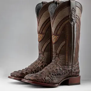 Brown Caiman Print Leather Boots - Square Toe