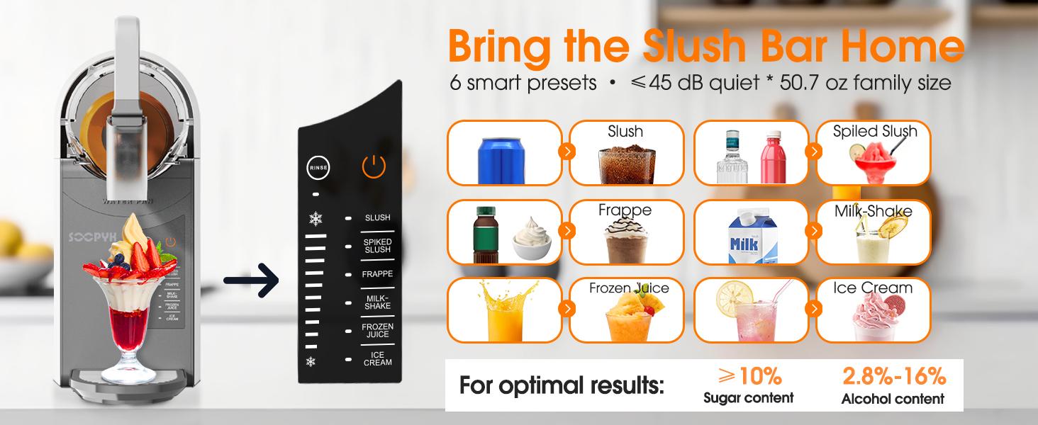 SOOPYK Slushie Machine,Frozen Drink Maker with Self-Cleaning for Home,Rapid Chill Technology,No Ice Needed,Adjustable Hardness,6 Preset,Gray&Sliver,Margaritas, Frappes,Milkshakes