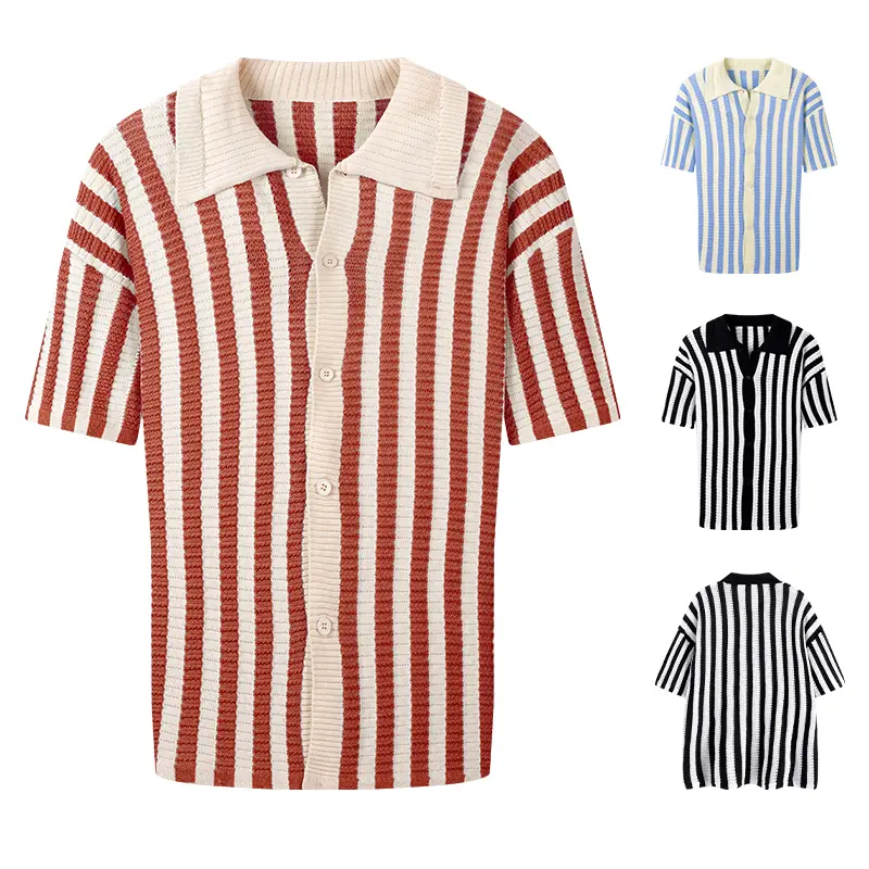 Men's Multi-Colored Striped Knit Polo Shirt: Contrast Collar Button Placket Casual Comfort Top