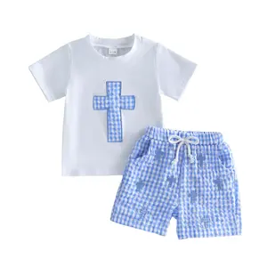 Babamoon 2Pcs Toddler Baby Boy Easter Outfits Set Short Sleeve Jesus Cross Embroidery Tops T shirt and Shorts Clothing Set 6M-5Y