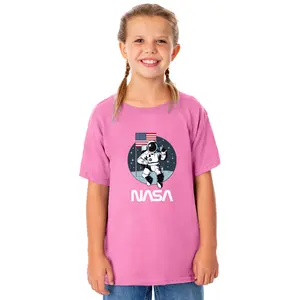 NASA Girls' Retro NASA Letter Logo Thumbs Up Astronaut Crewneck T-Shirt