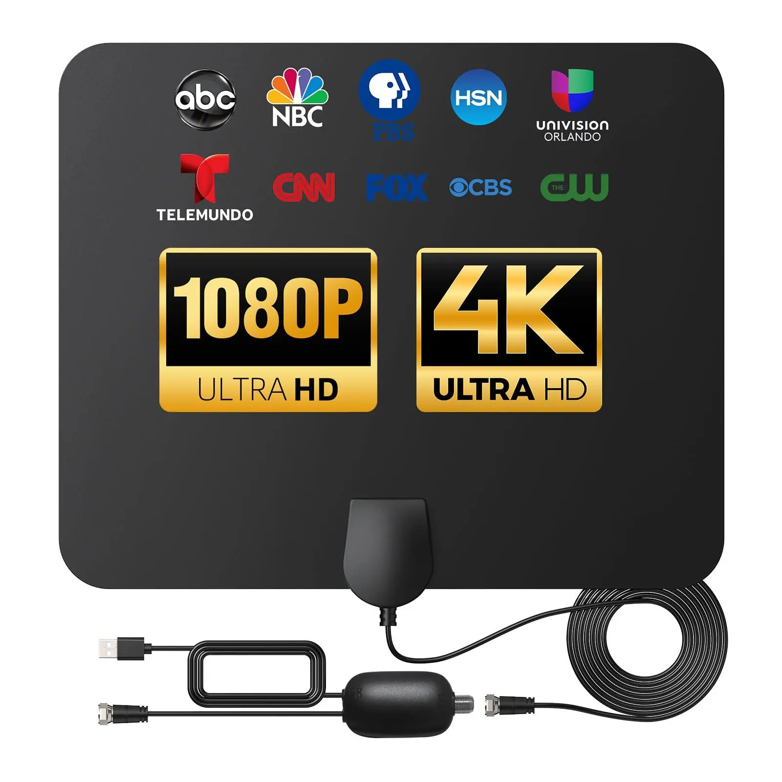 Indoor TV antenna for smart TVs, with a coverage range of over 250 miles, receives local channels, supports 4K and 1080p, includes a signal amplifier, a 10-foot coaxial HD TV cable, a cylindrical antenna, and a 360° signal booster-all in one smart TV ante