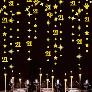 Gold 21st Birthday Decorations Number 21 Circle Dot Twinkle Star Garland Metallic Hanging Streamer Banner Backdrop