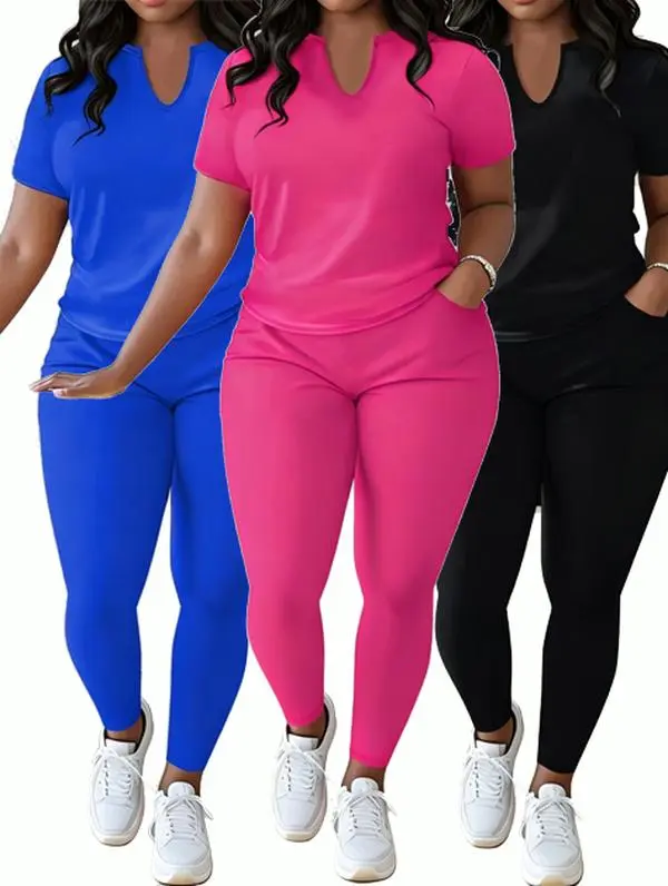 Women's Plus Size 2-Piece Activewear Set - V-Neck Short Sleeve Top & Crew Neck Trousers, Comfortable Sporty Casual Summer Outfit for Outdoor Use, 2 Piece Sets, Women 2 Piece Sets