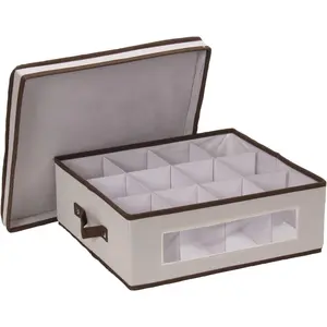 Natural Canvas Storage Box with Lid and Handles for Tea Cups and Mugs with Brown Trim