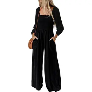 Women’s casual loose one-piece jumpsuit/romper with long sleeves, wide legs, and pockets — women’s wide-leg overalls