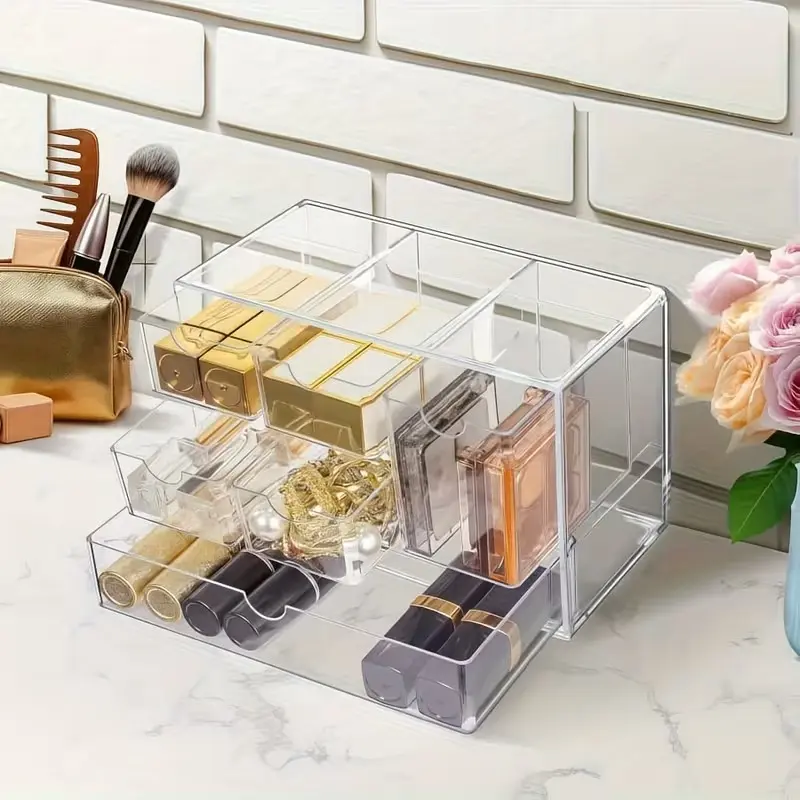 6-Compartment Transparent Acrylic Storage Box with 6 Drawers, Durable Plastic Cosmetic Organizer, Clear Makeup Organizer, Large Capacity Desktop Display Rack