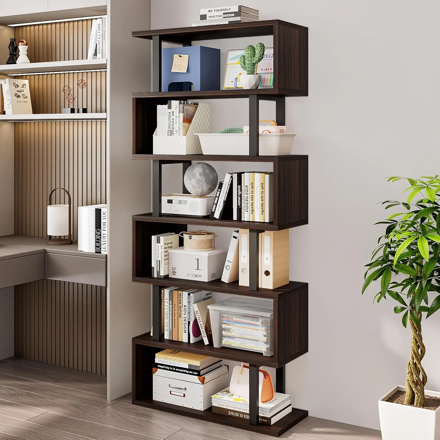 6 TierBookshelf Geometric Bookcase S Shaped Industrial Bookshelf Storage Display Stand Shelf for Living Room Bedroom and Office Room 9.3"D x 27.6"W x 74"H Deals For You Days