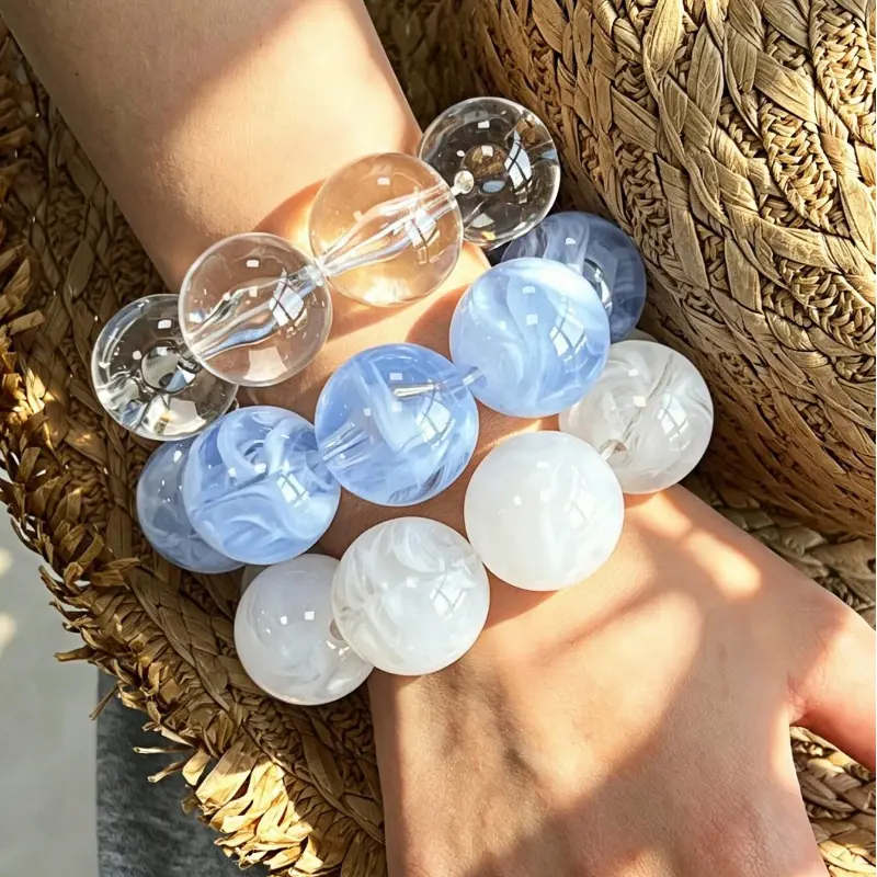 Handmade Oversized Chunky Resin Beaded Bracelet - Blue White Smoke Cloud Marbled Swirl Large Round Bead Minimalist Statement Wrist Jewelry for Daily Wear, Couple Gift
