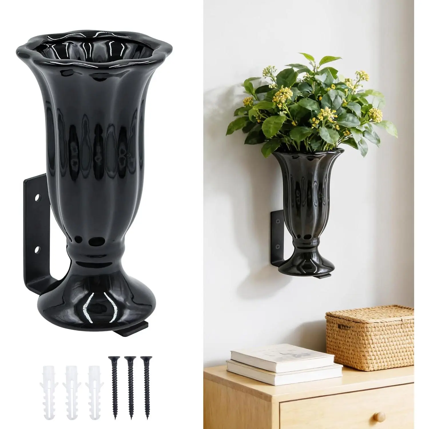 Modern Floating Wall Vase - Matte Black Ceramic Flower Vase with L-Shaped Metal Bracket - Minimalist Wall Mounted Planter for Fresh or Dried Flowers, Home Decor for Living Room, Bedroom, Entryway
