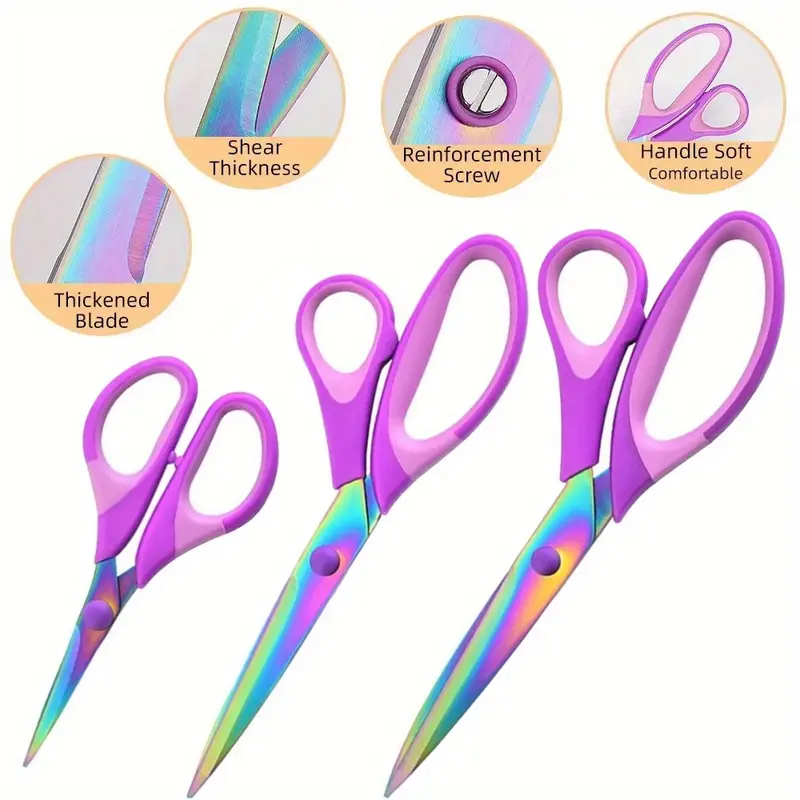Craft Scissors Set of 3 Pack,All Purpose Sharp Titanium Blades Shears,Comfort Grip Handle,Multipurpose Purple Fabric Scissors Tool Great for Adults,Office,Sewing,School and Home Supplies,Hand Tools Kits