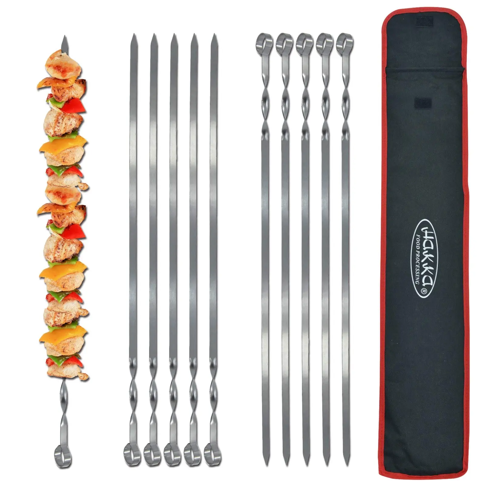 Hakka Thick Stainless Steel Barbecue Skewers - 24in Heavy-Duty Kitchen Utensils, 10-Piece Reusable Grilling Sticks with Non-Slip Ring Handle Barbecue Accessories Set