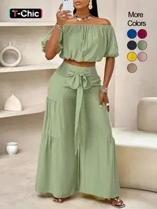 Summer Beach Vacation Bow Shoulderless Round Neck Shirt Wide Leg Pants Set, Casual Basic Plain Design, All Seasons Wear, Women's Fashion, Womenswear, Outfit, Clothes