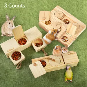 Wooden Interactive Feeding Toy Set, 3-Piece Fun Lidded Food Dispenser for Hamsters Squirrels Guinea Pigs Rabbits Parrots Birds